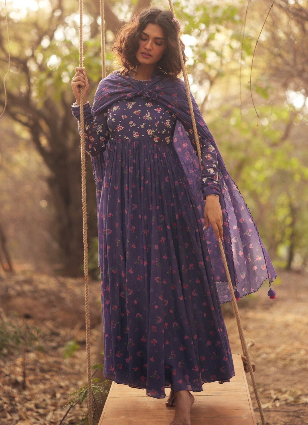 Purple Printed Chanderi Anarkali Set Paulmi and Harsh - Fabilicious Fashion