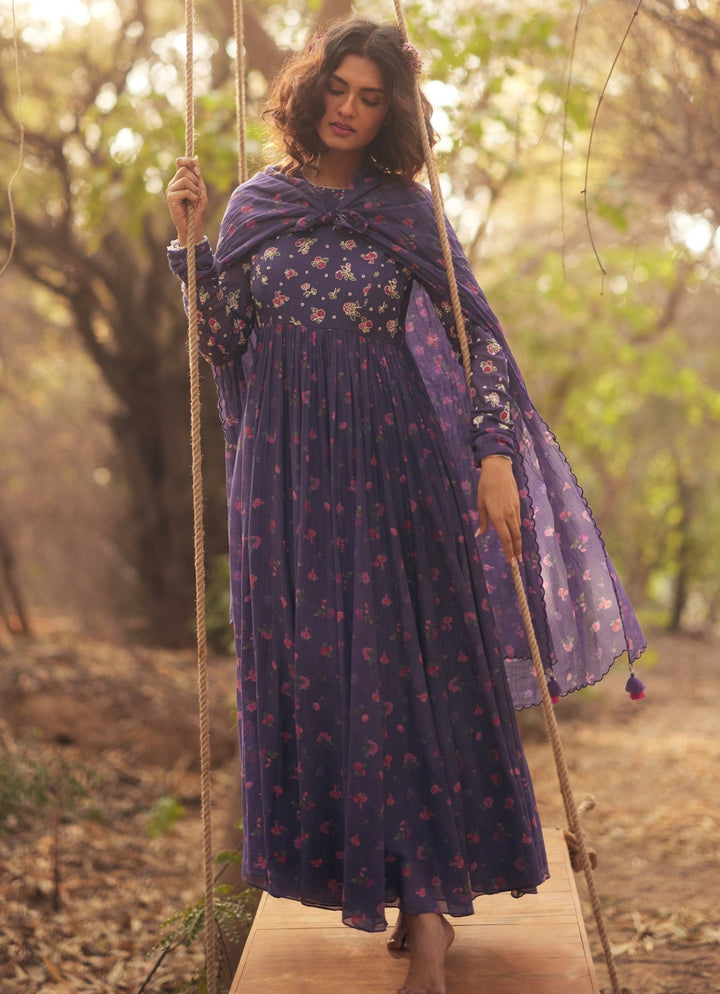 Purple Printed Chanderi Anarkali Set Paulmi and Harsh - Fabilicious Fashion