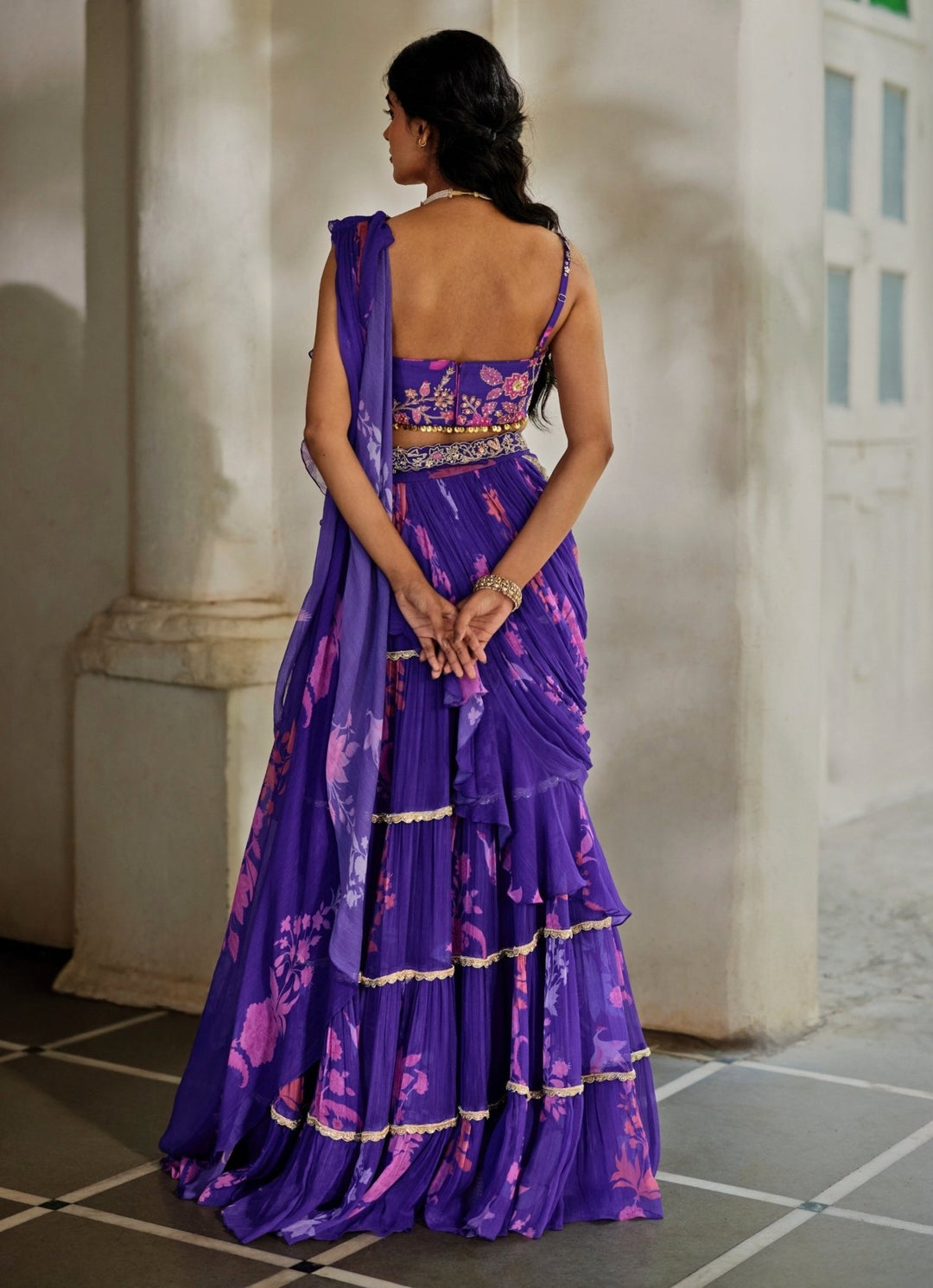 Purple Printed Chiffon Tiered Predraped Saree Paulmi and Harsh - Fabilicious Fashion