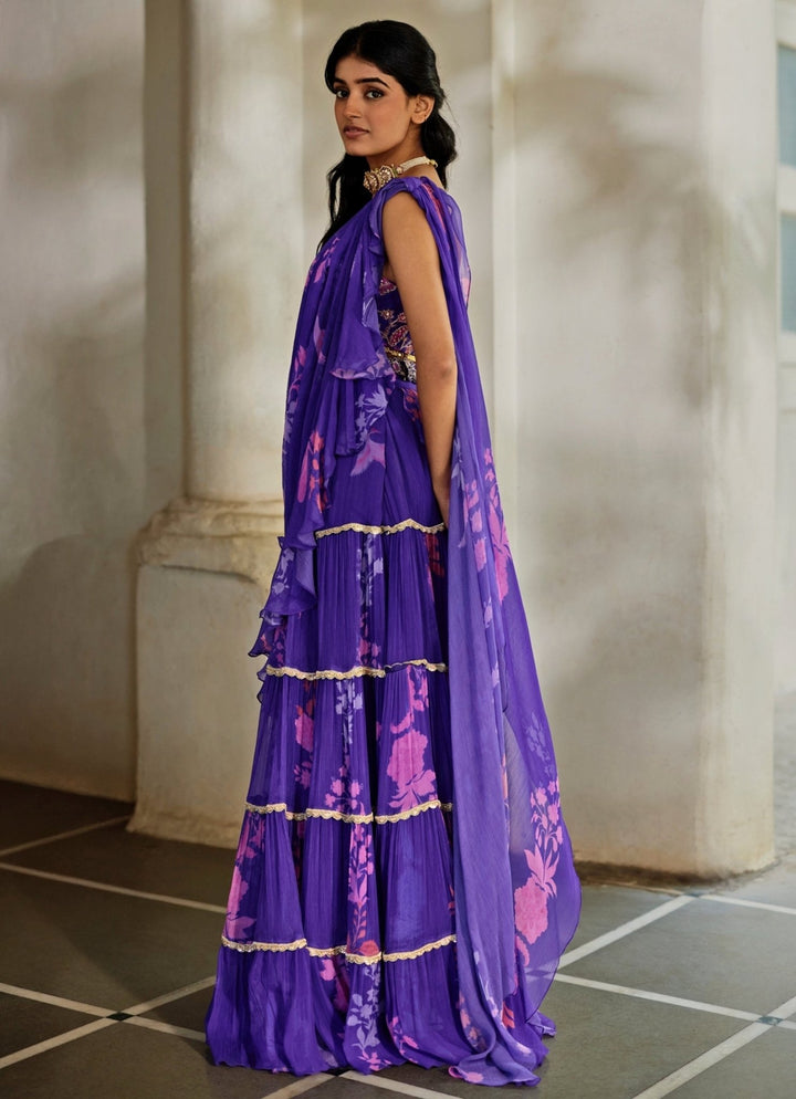 Purple Printed Chiffon Tiered Predraped Saree Paulmi and Harsh - Fabilicious Fashion