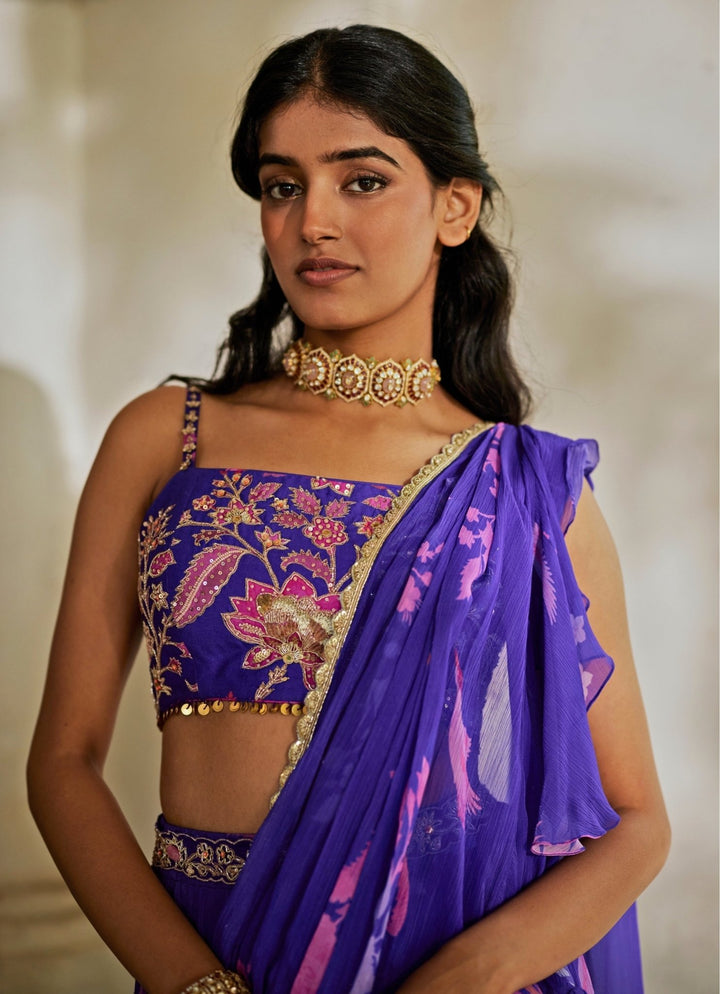Purple Printed Chiffon Tiered Predraped Saree Paulmi and Harsh - Fabilicious Fashion