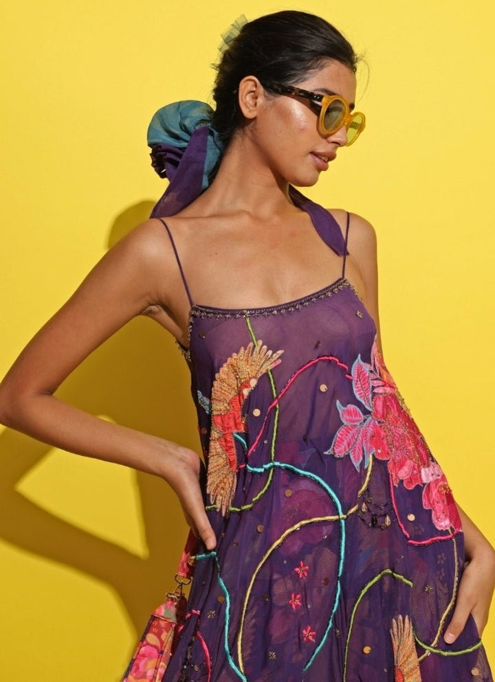 Rishi And Vibhuti Purple Printed Crepe Asymmetric Kurta Pants SetFabilicious Fashion