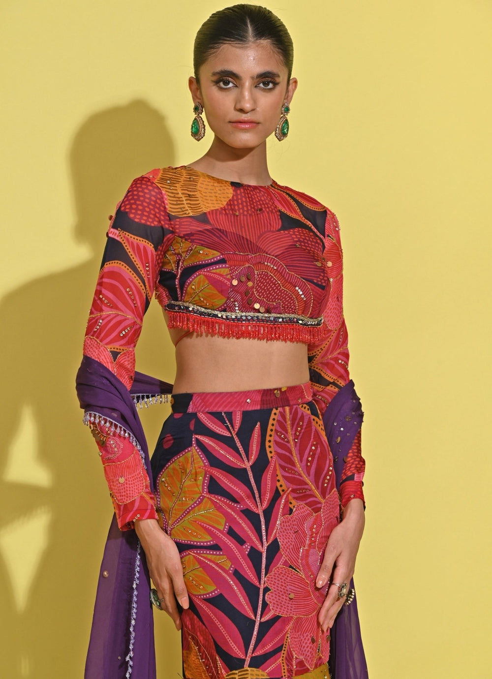 Rishi And Vibhuti Purple Printed Crepe Pencil Skirt SetFabilicious Fashion