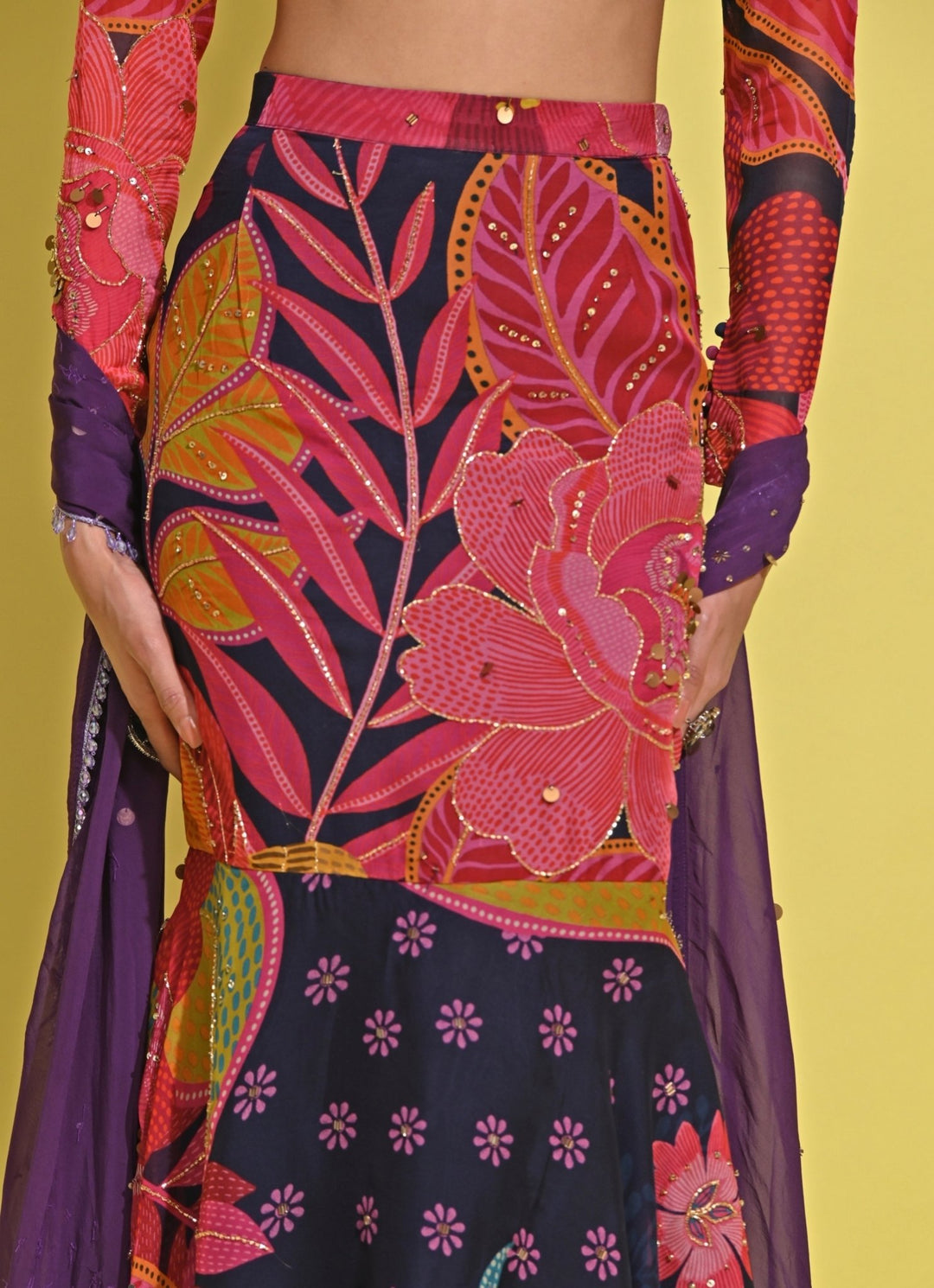 Rishi And Vibhuti Purple Printed Crepe Pencil Skirt SetFabilicious Fashion