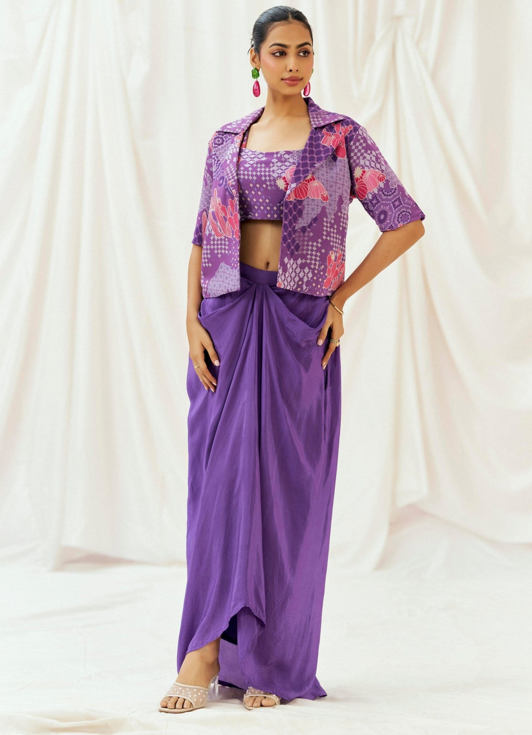 Purple Printed Drape Skirt With Jacket Set Redpine - Fabilicious Fashion