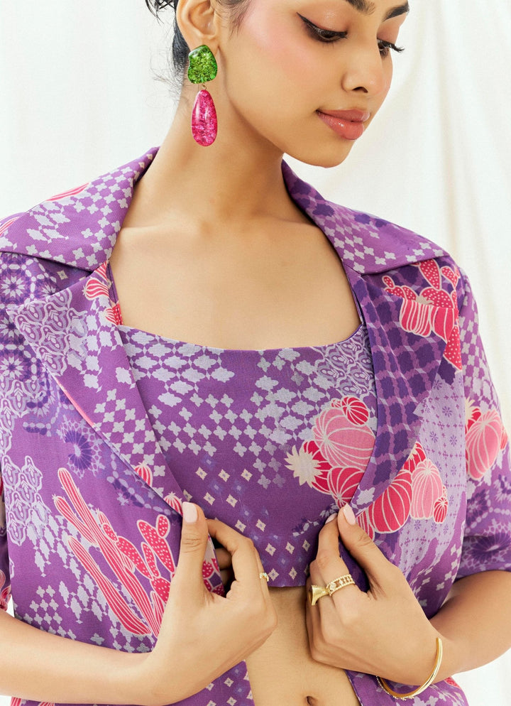Purple Printed Drape Skirt With Jacket Set Redpine - Fabilicious Fashion
