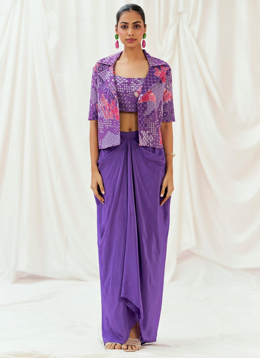 Purple Printed Drape Skirt With Jacket Set Redpine - Fabilicious Fashion