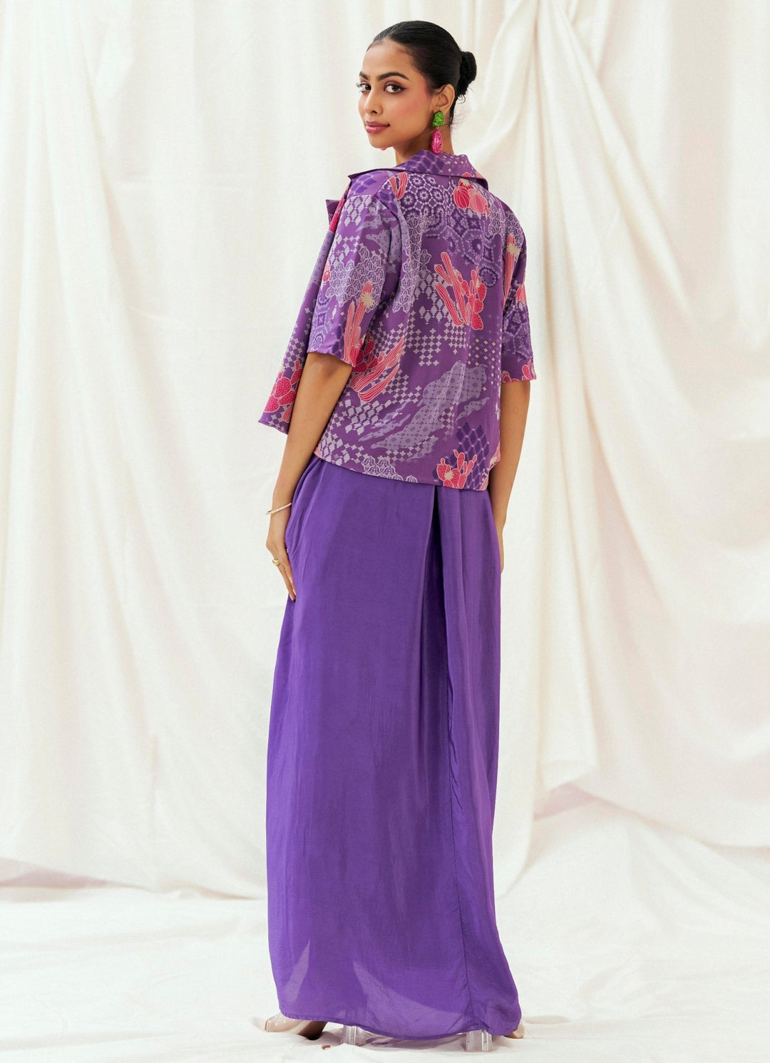 Purple Printed Drape Skirt With Jacket Set Redpine - Fabilicious Fashion