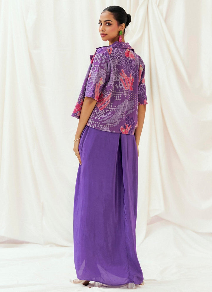 Purple Printed Drape Skirt With Jacket Set Redpine - Fabilicious Fashion