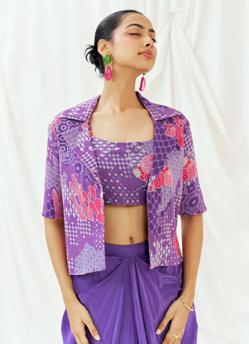 Purple Printed Drape Skirt With Jacket Set Redpine - Fabilicious Fashion