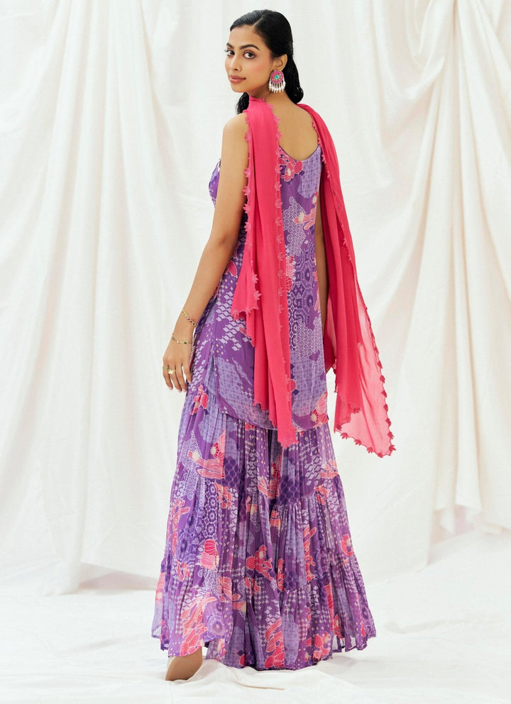 Purple Printed Georgette Kurta Sharara Set Redpine - Fabilicious Fashion