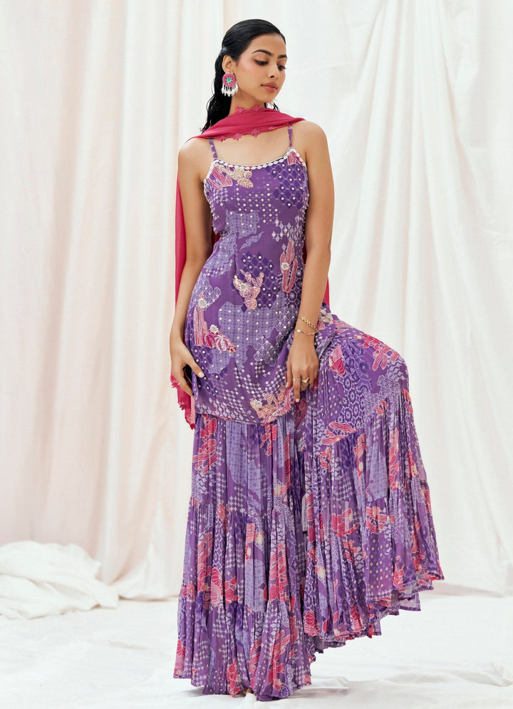 Purple Printed Georgette Kurta Sharara Set Redpine - Fabilicious Fashion