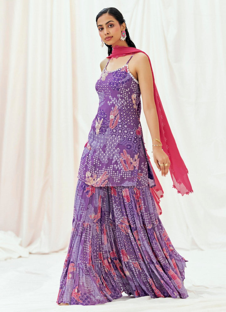 Purple Printed Georgette Kurta Sharara Set Redpine - Fabilicious Fashion