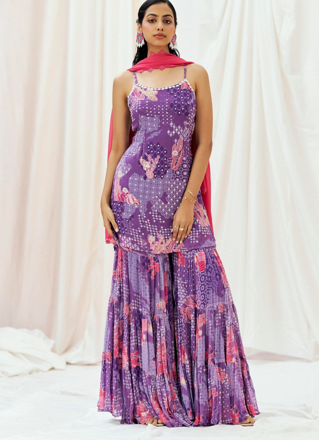 Purple Printed Georgette Kurta Sharara Set Redpine - Fabilicious Fashion