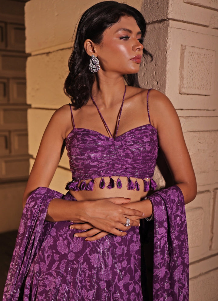 Purple Printed Georgette Lehenga Set Kiyohra - Fabilicious Fashion