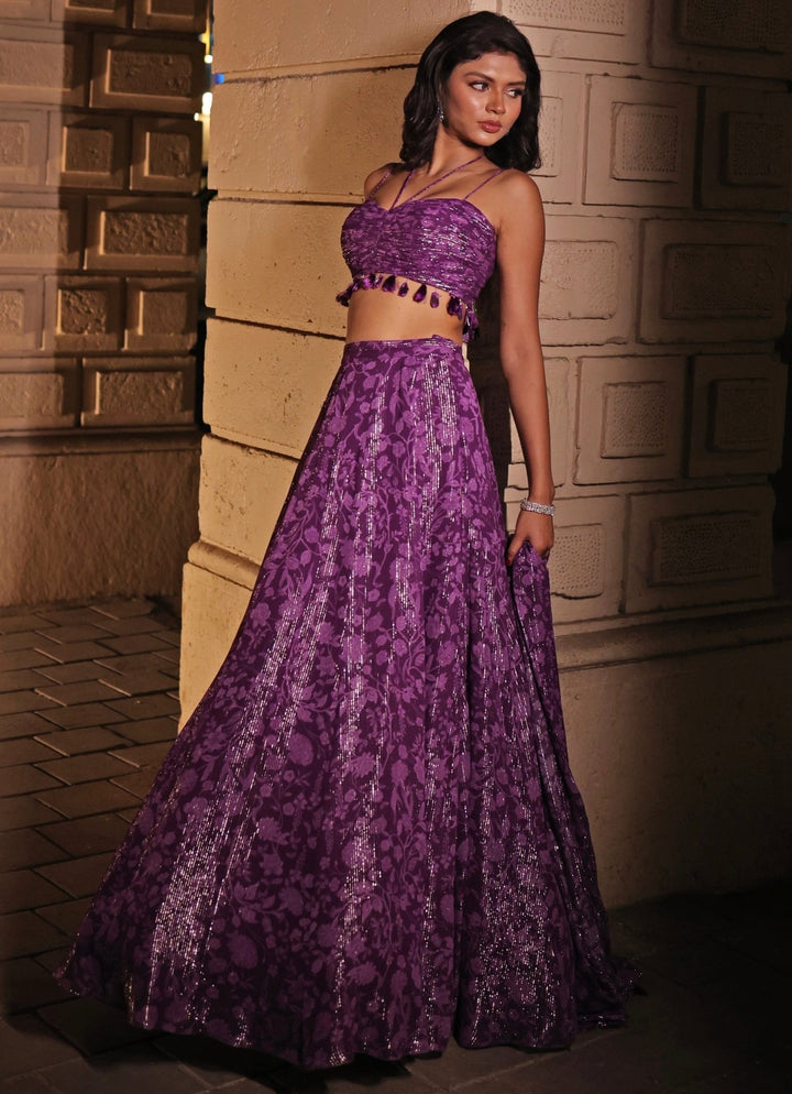 Purple Printed Georgette Lehenga Set Kiyohra - Fabilicious Fashion