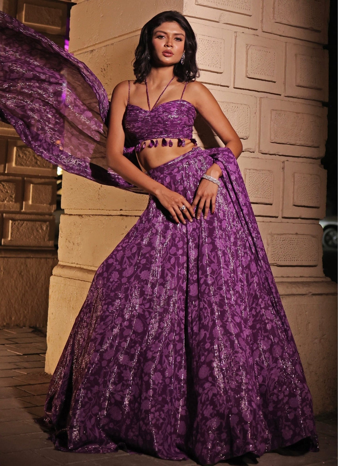 Purple Printed Georgette Lehenga Set Kiyohra - Fabilicious Fashion