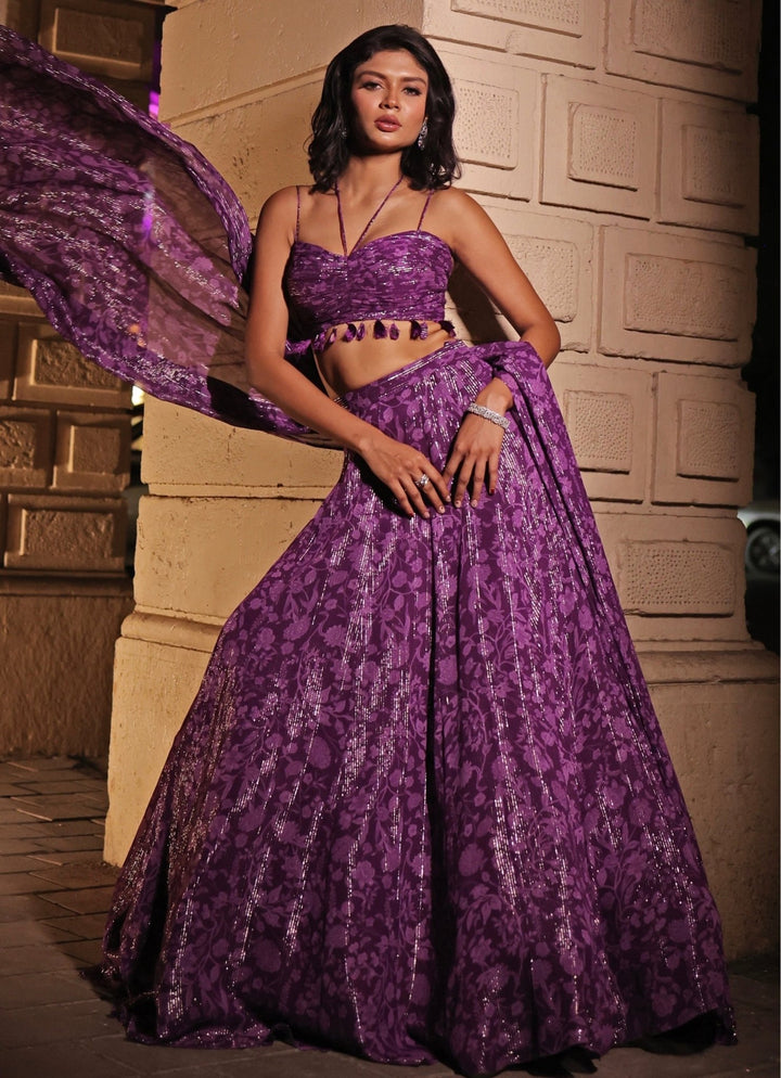 Purple Printed Georgette Lehenga Set Kiyohra - Fabilicious Fashion
