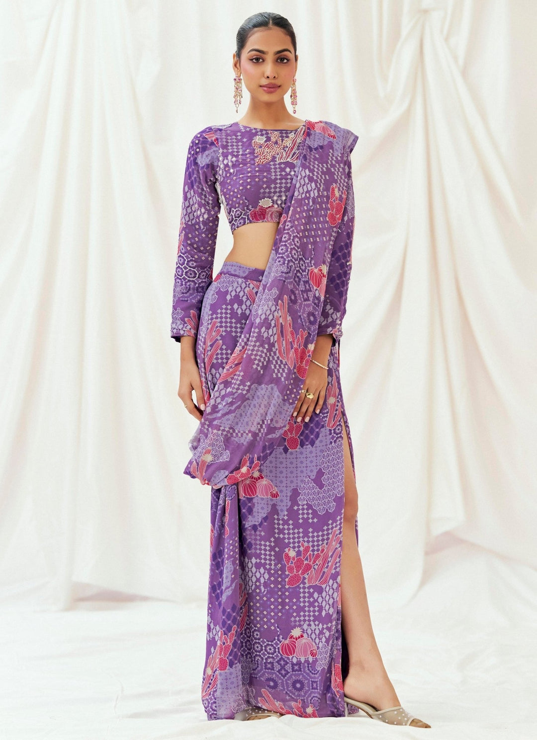 Purple Printed Georgette Predraped Saree Redpine - Fabilicious Fashion