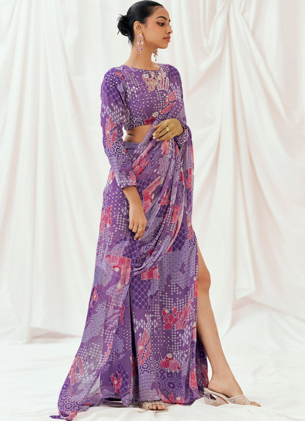 Purple Printed Georgette Predraped Saree Redpine - Fabilicious Fashion