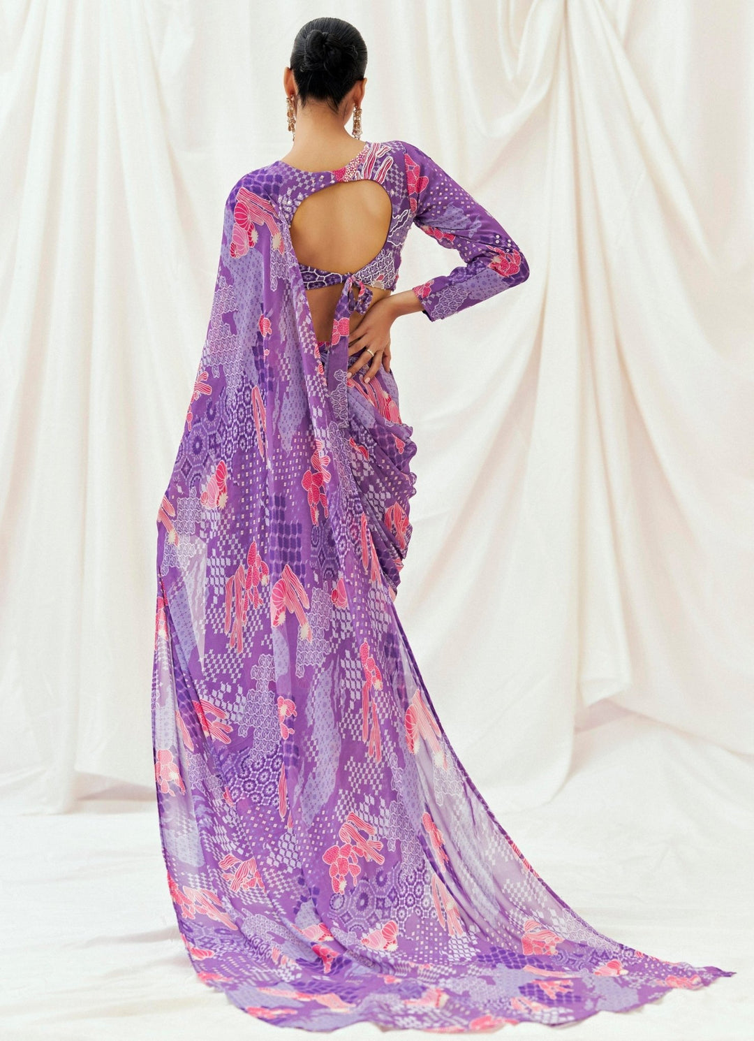 Purple Printed Georgette Predraped Saree Redpine - Fabilicious Fashion