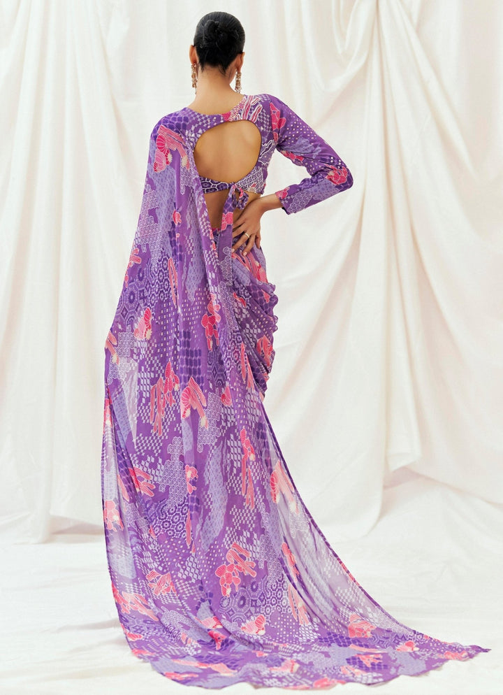 Purple Printed Georgette Predraped Saree Redpine - Fabilicious Fashion