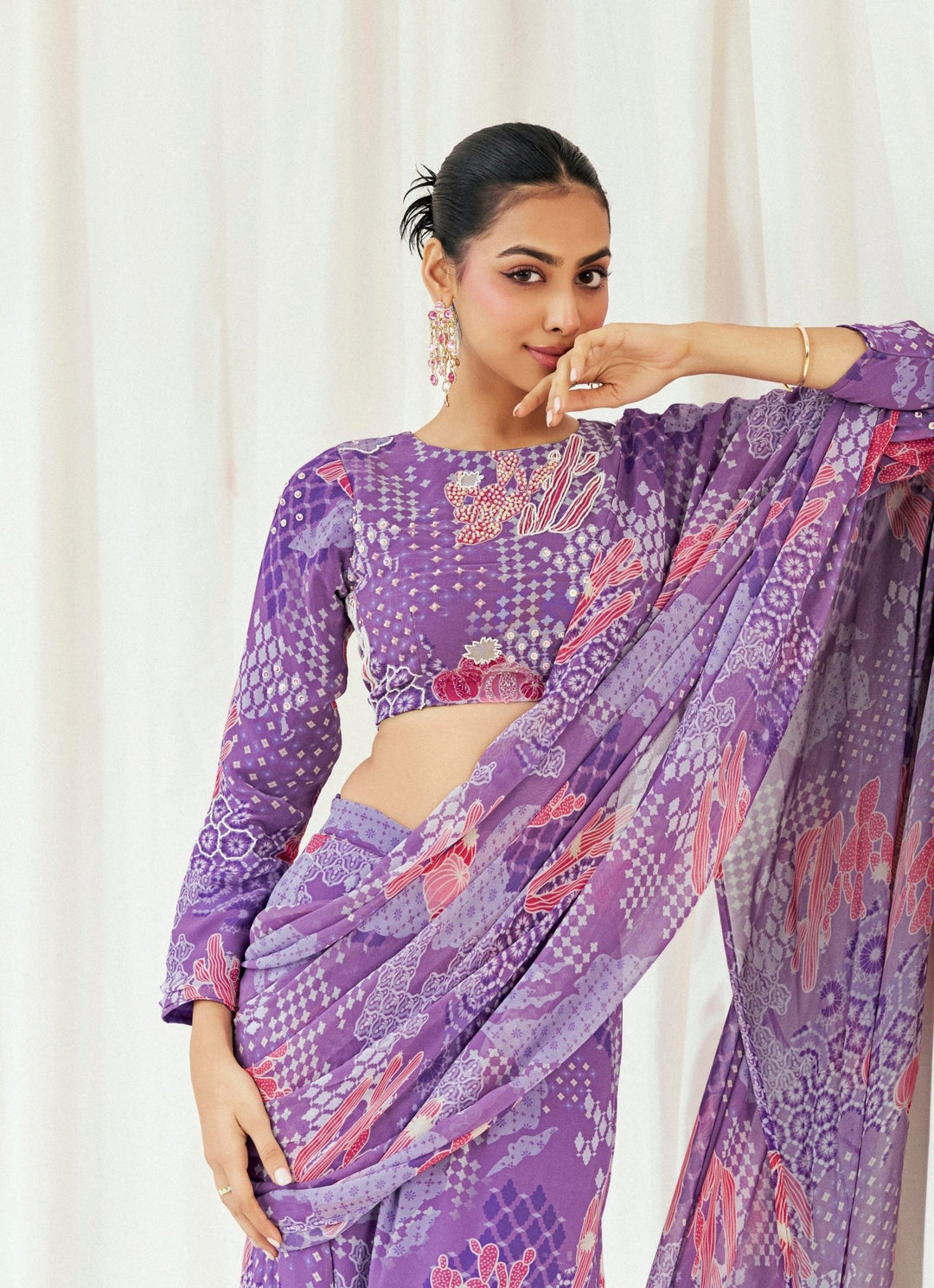 Purple Printed Georgette Predraped Saree Redpine - Fabilicious Fashion
