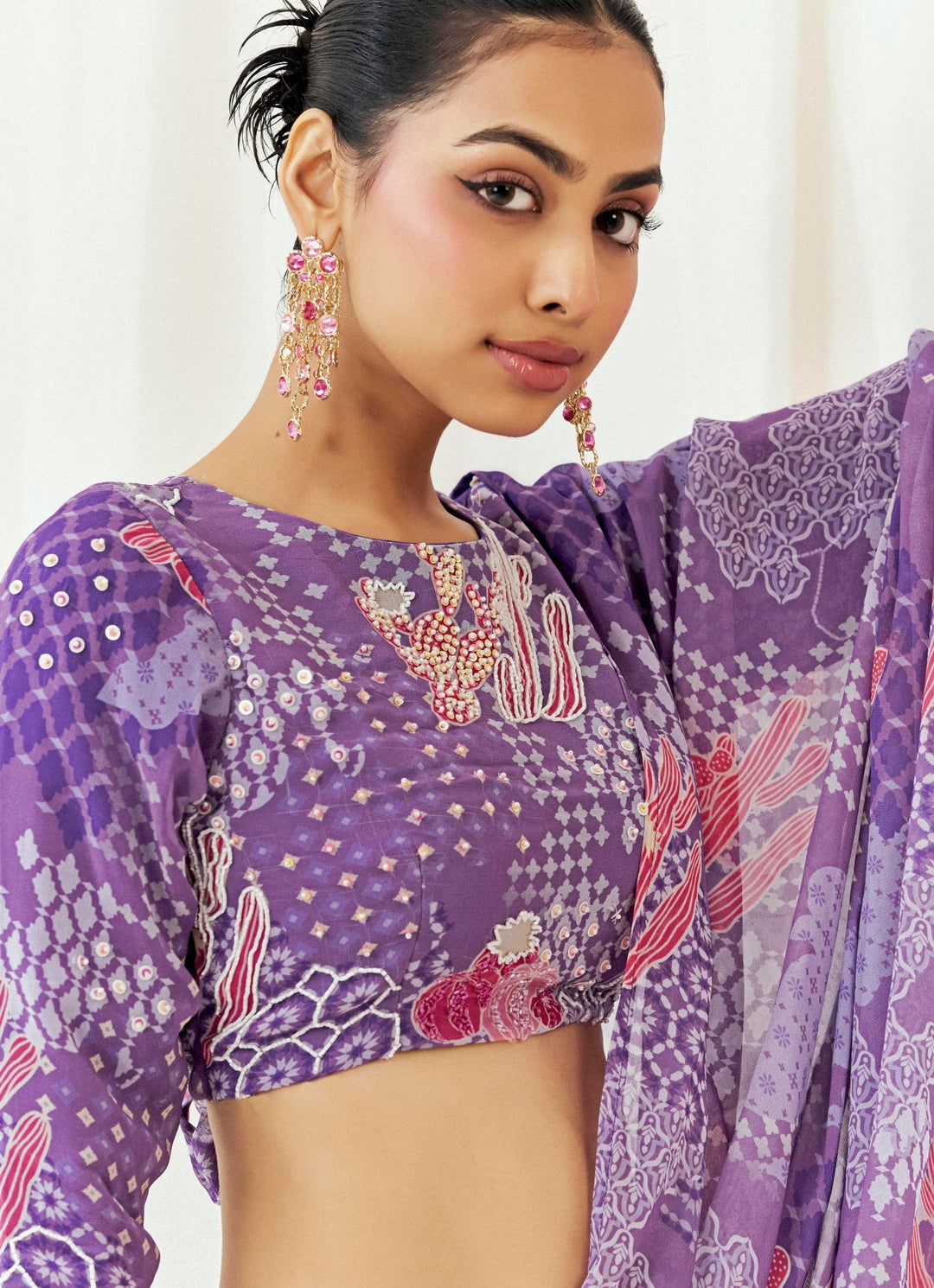 Purple Printed Georgette Predraped Saree Redpine - Fabilicious Fashion