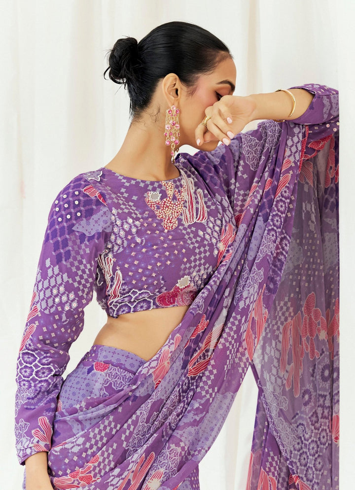 Purple Printed Georgette Predraped Saree Redpine - Fabilicious Fashion