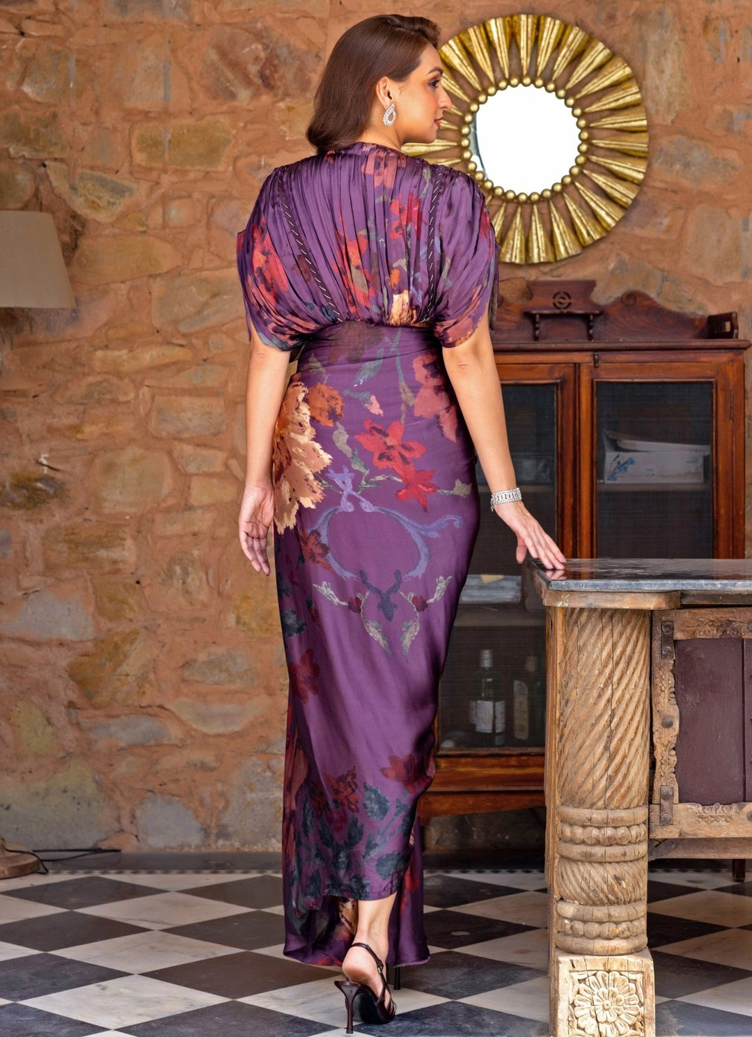 Studio Surbhi Purple Printed Georgette Satin Kaftan GownFabilicious Fashion