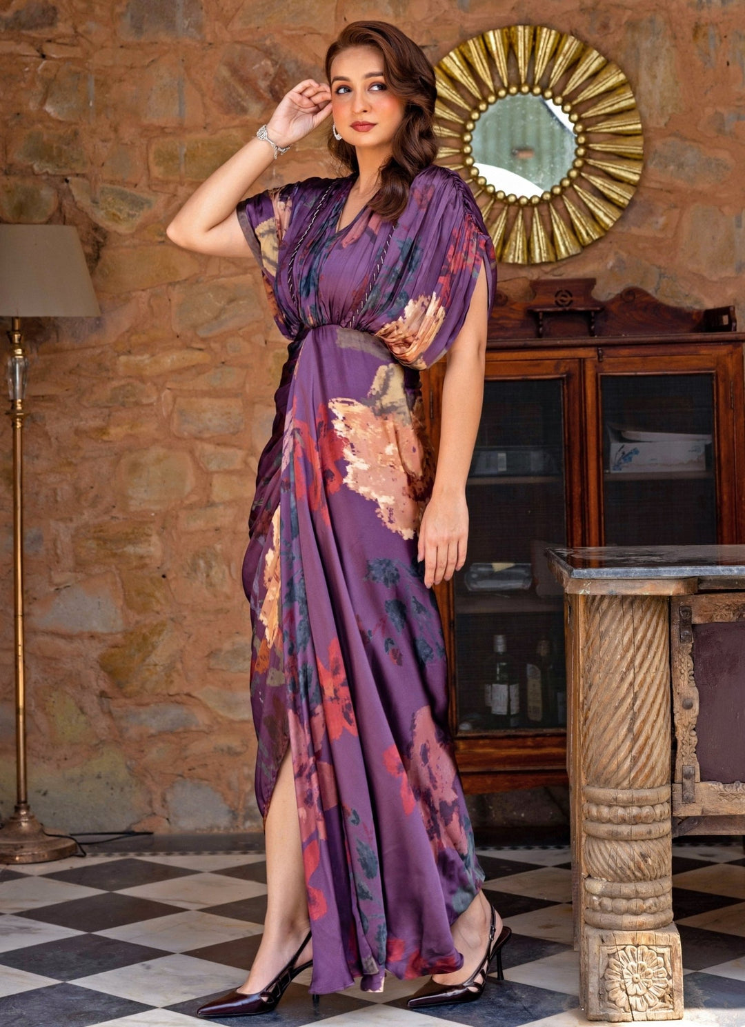 Studio Surbhi Purple Printed Georgette Satin Kaftan GownFabilicious Fashion