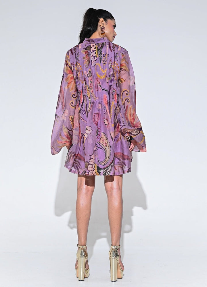 Purple Printed Organza Pleated Dress Juhi Bengani - Fabilicious Fashion