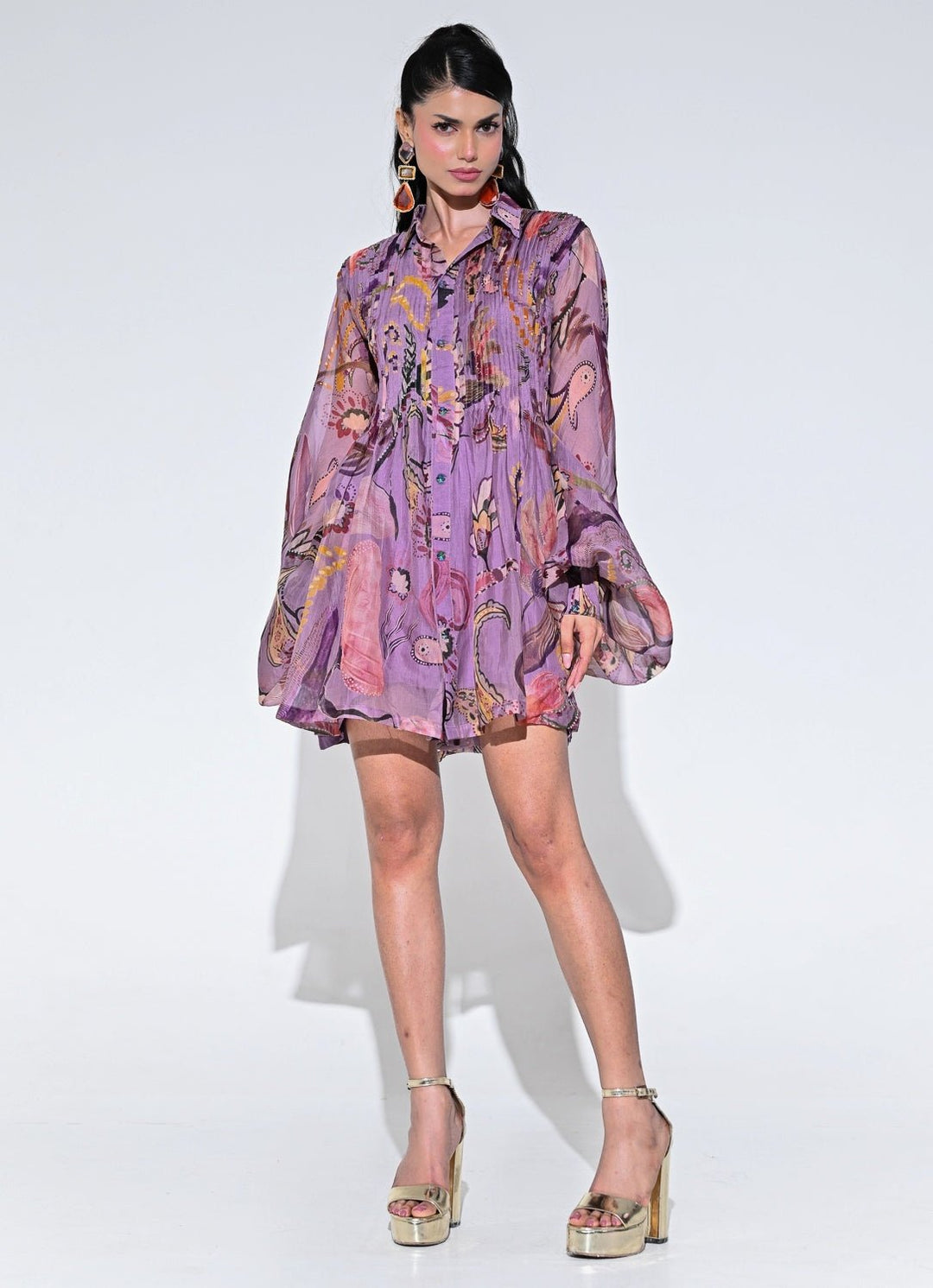 Purple Printed Organza Pleated Dress Juhi Bengani - Fabilicious Fashion