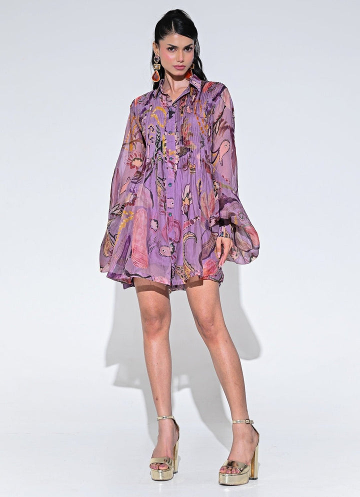 Purple Printed Organza Pleated Dress Juhi Bengani - Fabilicious Fashion