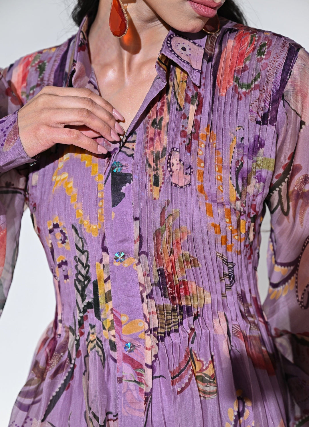 Purple Printed Organza Pleated Dress Juhi Bengani - Fabilicious Fashion