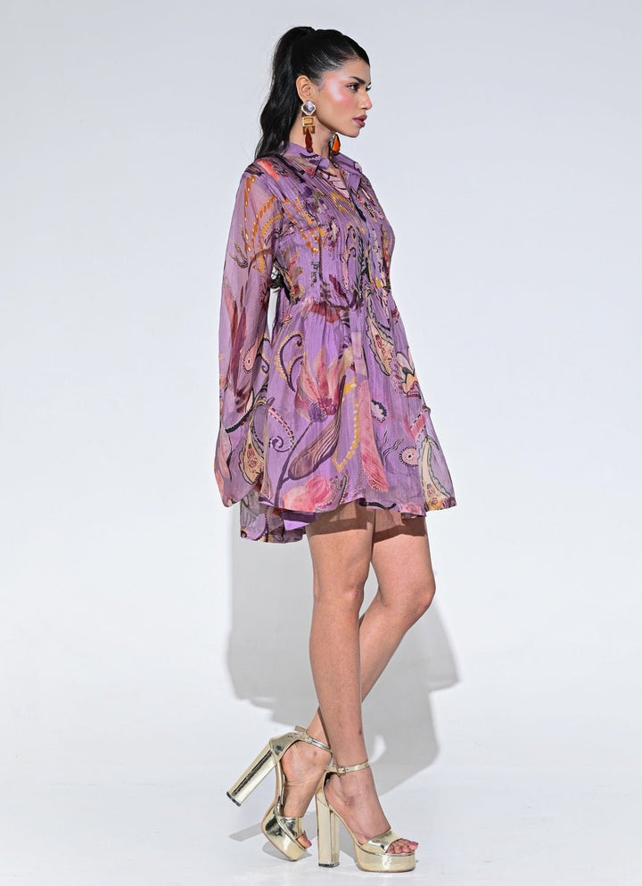 Purple Printed Organza Pleated Dress Juhi Bengani - Fabilicious Fashion