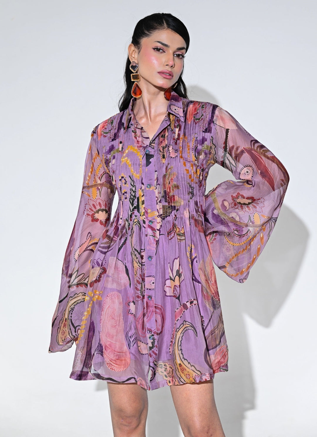 Purple Printed Organza Pleated Dress Juhi Bengani - Fabilicious Fashion