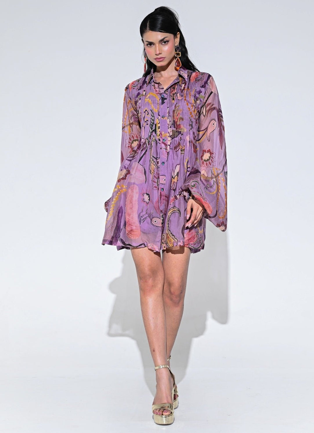 Purple Printed Organza Pleated Dress Juhi Bengani - Fabilicious Fashion