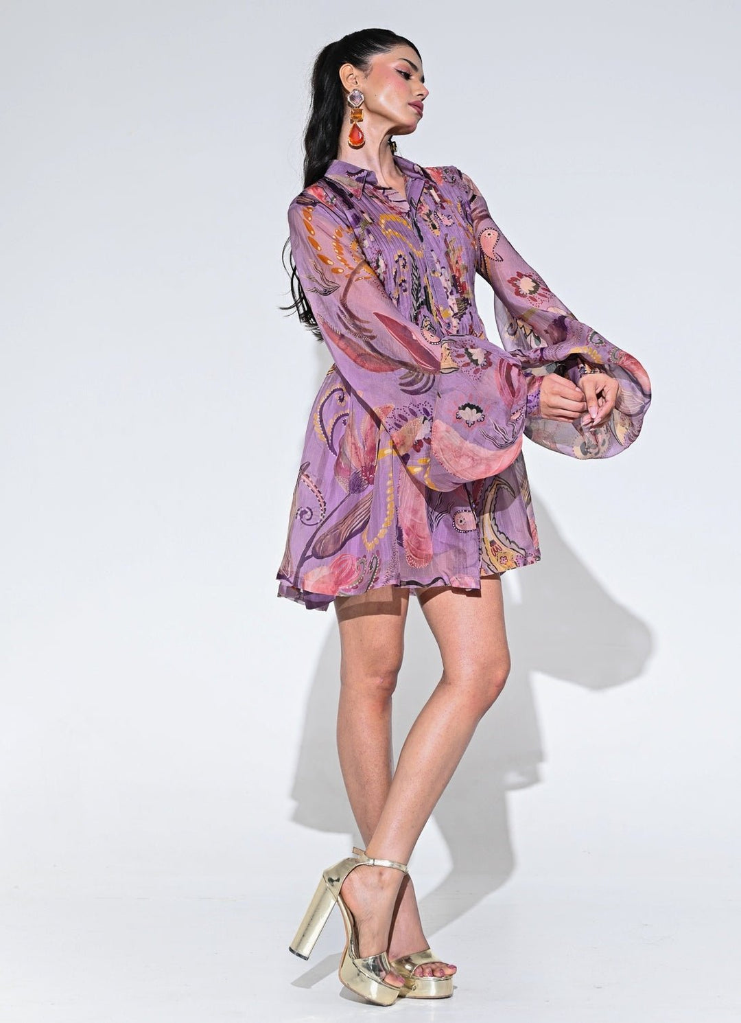 Purple Printed Organza Pleated Dress Juhi Bengani - Fabilicious Fashion