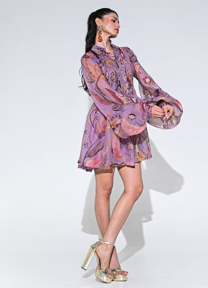 Purple Printed Organza Pleated Dress Juhi Bengani - Fabilicious Fashion