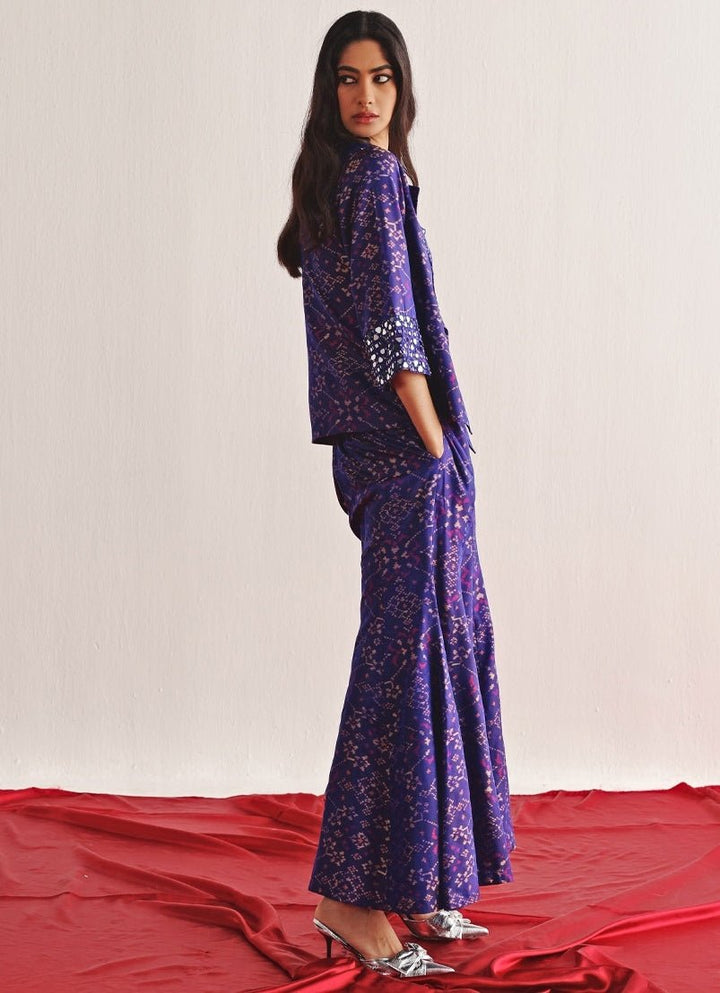 Purple Printed Pant Set With Mirror Work Blazer Twenty Nine - Fabilicious Fashion