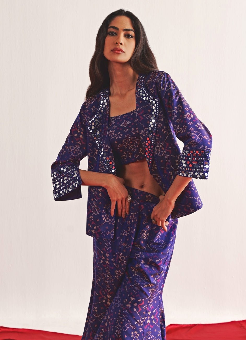 Purple Printed Pant Set With Mirror Work Blazer Twenty Nine - Fabilicious Fashion