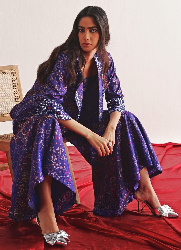 Purple Printed Pant Set With Mirror Work Blazer Twenty Nine - Fabilicious Fashion