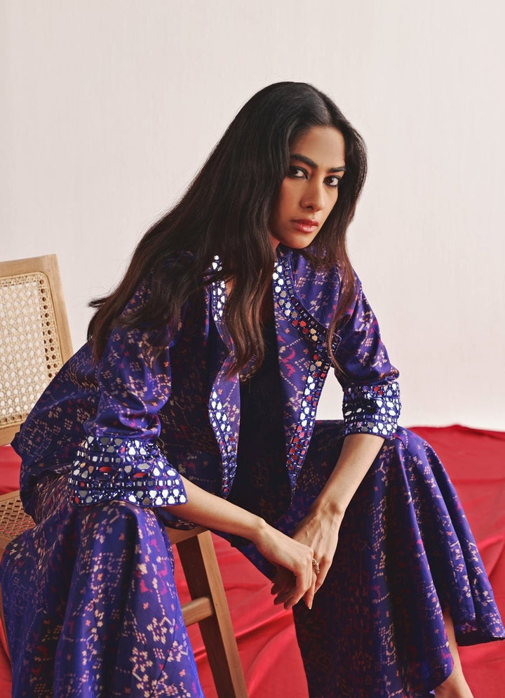 Purple Printed Pant Set With Mirror Work Blazer Twenty Nine - Fabilicious Fashion