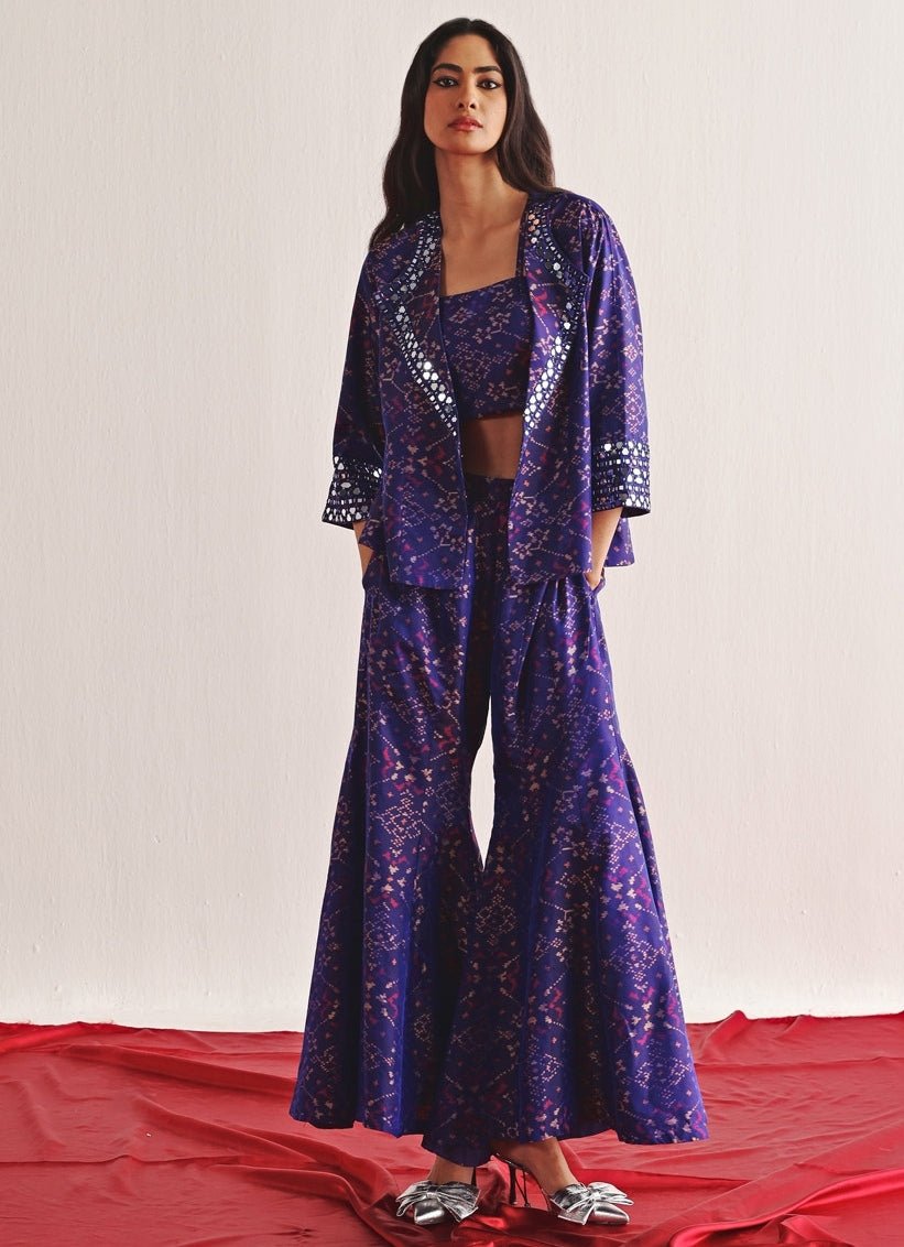 Purple Printed Pants Set With Mirror Work Blazer