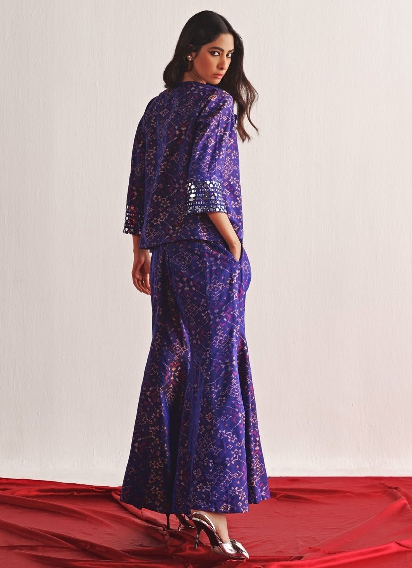 Purple Printed Pant Set With Mirror Work Blazer Twenty Nine - Fabilicious Fashion
