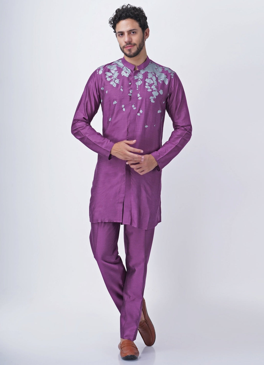 Purple Printed Silk Kurta Pants Set with Jacket Manish Nagdeo Men - Fabilicious Fashion