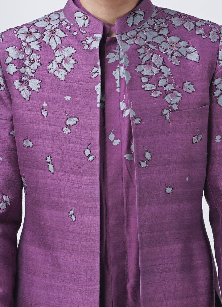 Purple Printed Silk Kurta Pants Set with Jacket Manish Nagdeo Men - Fabilicious Fashion
