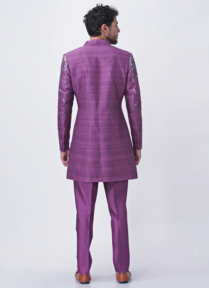 Purple Printed Silk Kurta Pants Set with Jacket Manish Nagdeo Men - Fabilicious Fashion