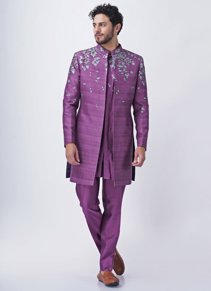 Purple Printed Silk Kurta Pants Set with Jacket Manish Nagdeo Men - Fabilicious Fashion